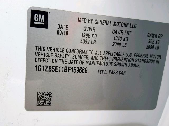 1G1ZB5E11BF189668 - 2011 CHEVROLET MALIBU LS WHITE photo 10