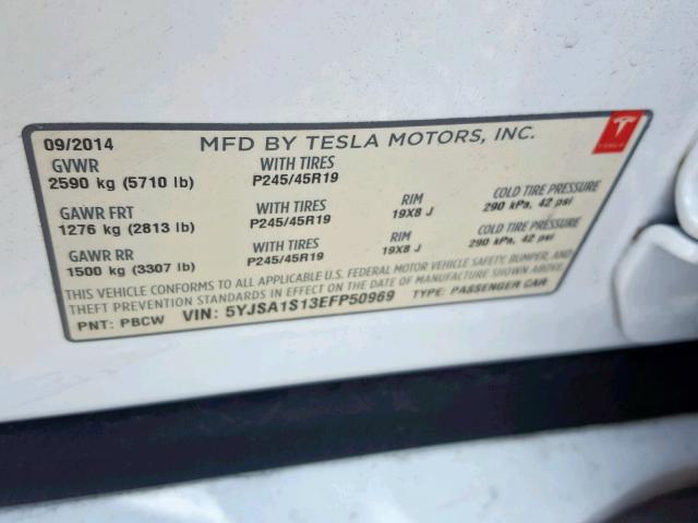 5YJSA1S13EFP50969 - 2014 TESLA MODEL S WHITE photo 10