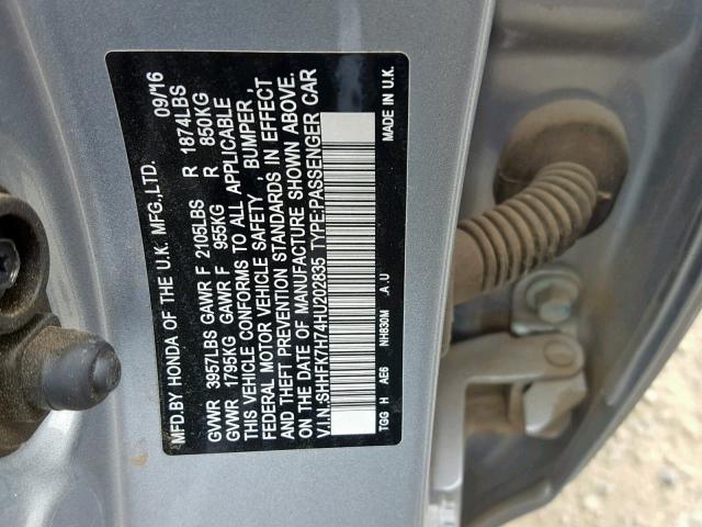 SHHFK7H74HU202835 - 2017 HONDA CIVIC EXL 银色 照片 10