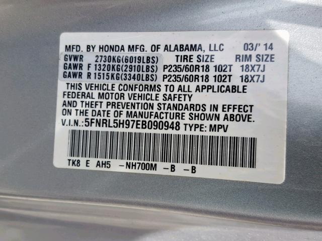 5FNRL5H97EB090948 - 2014 HONDA ODYSSEY TO SILVER photo 10