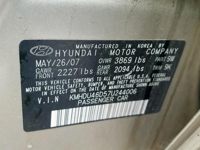 KMHDU46D57U244006 - 2007 HYUNDAI ELANTRA GL GOLD photo 10