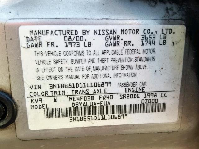 3N1BB51D11L106899 - 2001 NISSAN SENTRA SE SILVER photo 10