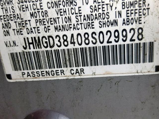 JHMGD38408S029928 - 2008 HONDA FIT SILVER photo 10