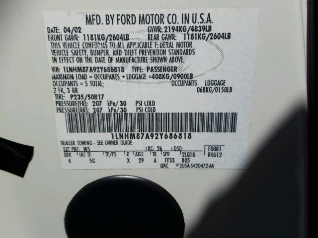 1LNHM87A92Y686818 - 2002 LINCOLN LS أبيض صورة 10
