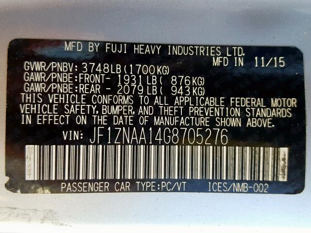 JF1ZNAA14G8705276 - 2016 TOYOTA SCION FR-S WHITE photo 10