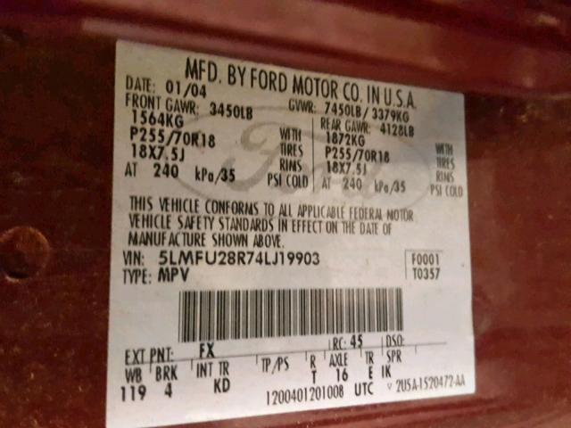 5LMFU28R74LJ19903 - 2004 LINCOLN NAVIGATOR 勃艮第红 照片 10