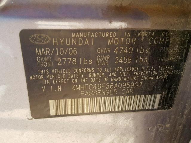 KMHFC46F36A095902 - 2006 HYUNDAI AZERA SE TAN photo 10