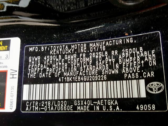 4T1BK1EB4GU209226 - 2016 TOYOTA AVALON XLE BLACK photo 10