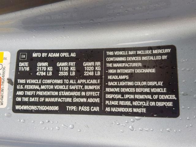 W04WH3N57HG048696 - 2017 BUICK CASCADA PR BLUE photo 10