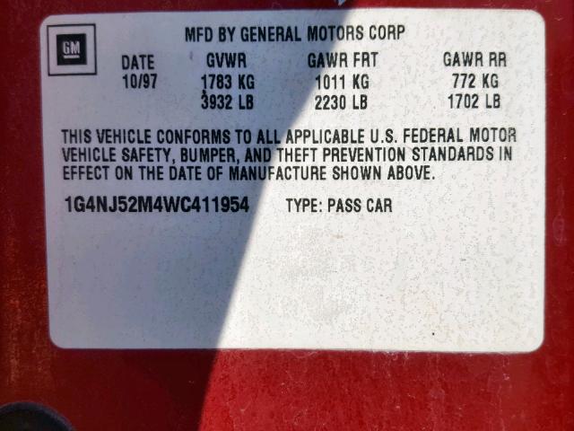 1G4NJ52M4WC411954 - 1998 BUICK SKYLARK CU RED photo 10