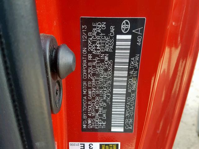 JTKJF5C73E3083625 - 2014 TOYOTA SCION TC წითელი ფოტო 10