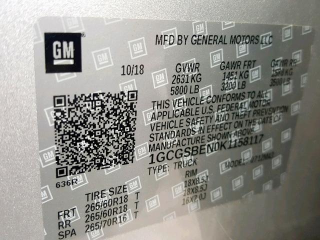 1GCGSBEN0K1158117 - 2019 CHEVROLET COLORADO SILVER photo 10