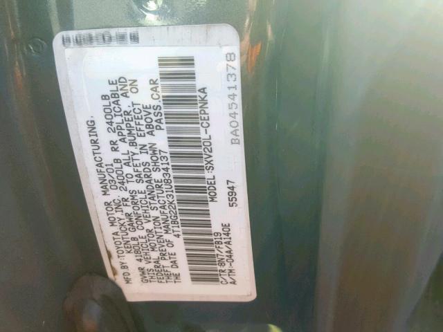 4T1BG22K31U834137 - 2001 TOYOTA CAMRY CE BLUE photo 10