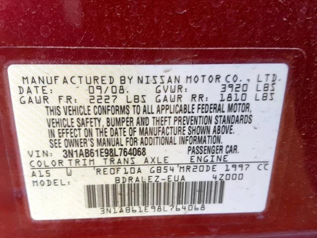 3N1AB61E98L764068 - 2008 NISSAN SENTRA 2.0 BURGUNDY photo 10