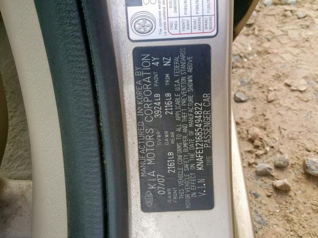 KNAFE121685494822 - 2008 KIA SPECTRA EX BEIGE photo 10