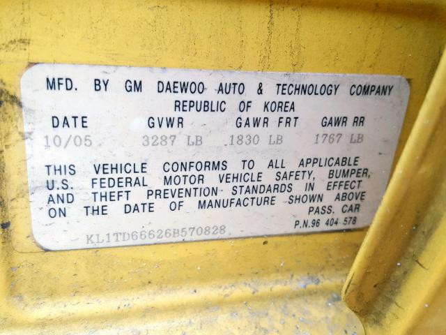 KL1TD66626B570828 - 2006 CHEVROLET AVEO BASE Сары фото 10