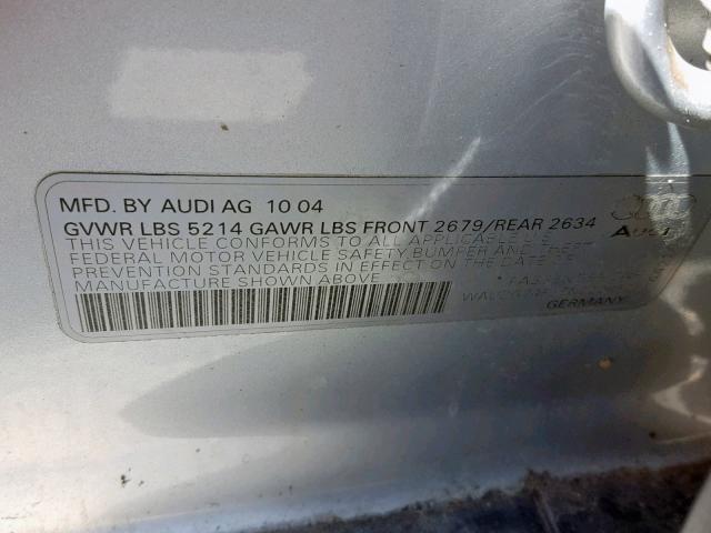 WAUDG74F25N059482 - 2005 AUDI A6 3.2 QUA SILVER photo 10