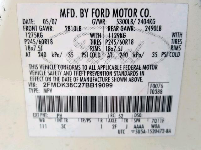 2FMDK38C27BB19099 - 2007 FORD EDGE SEL WHITE photo 10