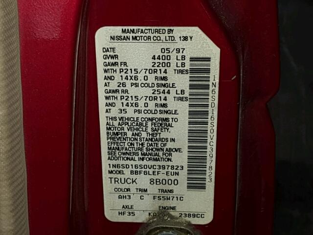 1N6SD16S0VC397823 - 1997 NISSAN TRUCK KING RED photo 10