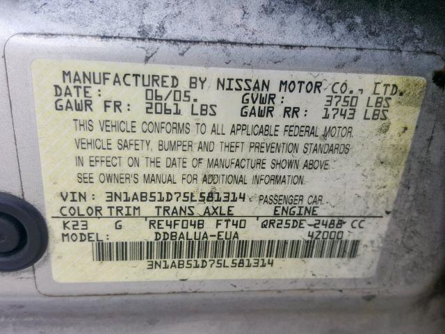 3N1AB51D75L581314 - 2005 NISSAN SENTRA SE- SILVER photo 10