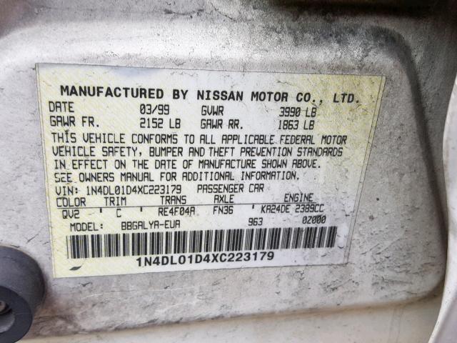 1N4DL01D4XC223179 - 1999 NISSAN ALTIMA XE WHITE photo 10