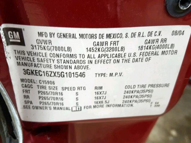 3GKEC16ZX5G101546 - 2005 GMC YUKON XL C BURGUNDY photo 10