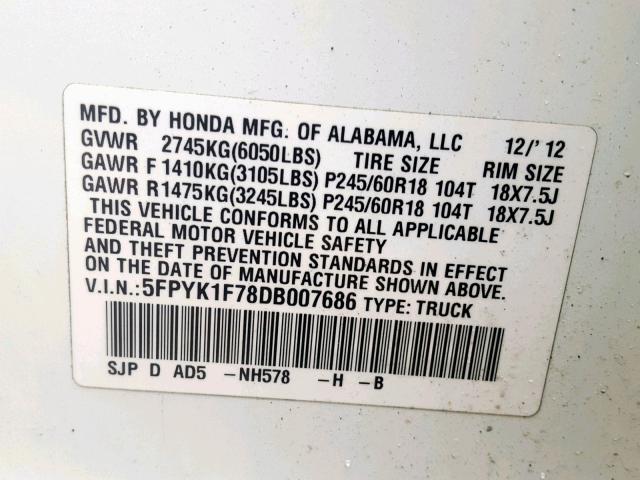 5FPYK1F78DB007686 - 2013 HONDA RIDGELINE WHITE photo 10