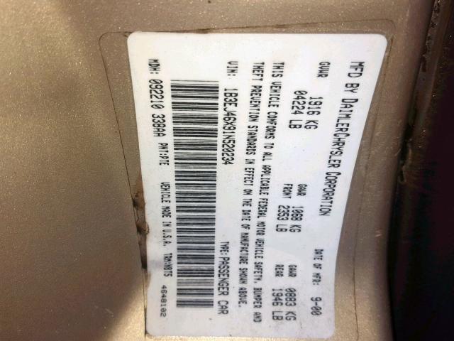 1B3EJ46X91N520234 - 2001 DODGE STRATUS SE GOLD photo 10