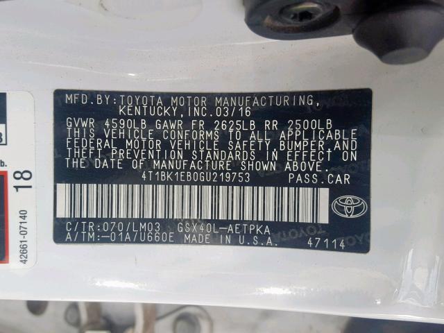 4T1BK1EB0GU219753 - 2016 TOYOTA AVALON XLE WHITE photo 10