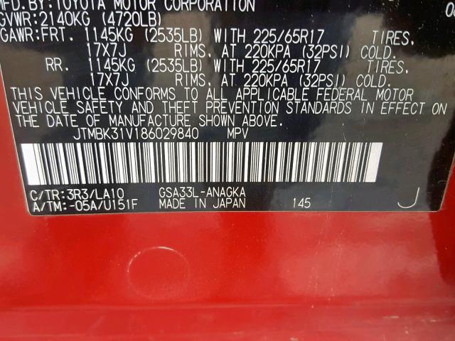 JTMBK31V186029840 - 2008 TOYOTA RAV4 LIMIT RED photo 10