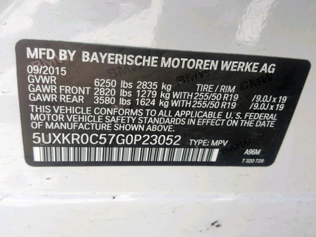 5UXKR0C57G0P23052 - 2016 BMW X5 XDRIVE3 WHITE photo 10