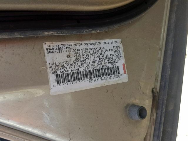 JTJHF10U310192281 - 2001 LEXUS RX 300 TAN photo 10