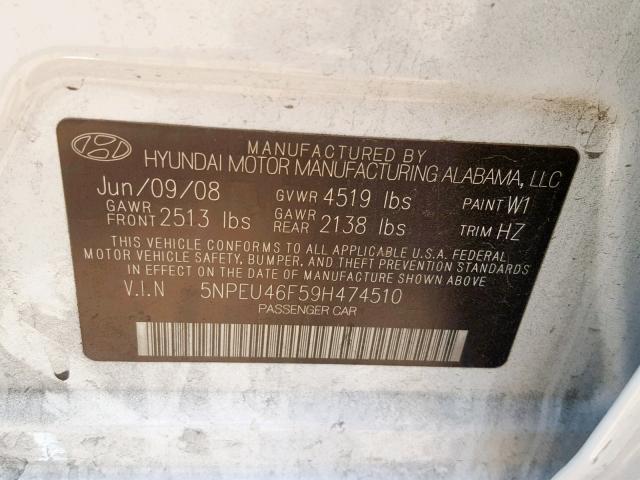 5NPEU46F59H474510 - 2009 HYUNDAI SONATA SE WHITE photo 10