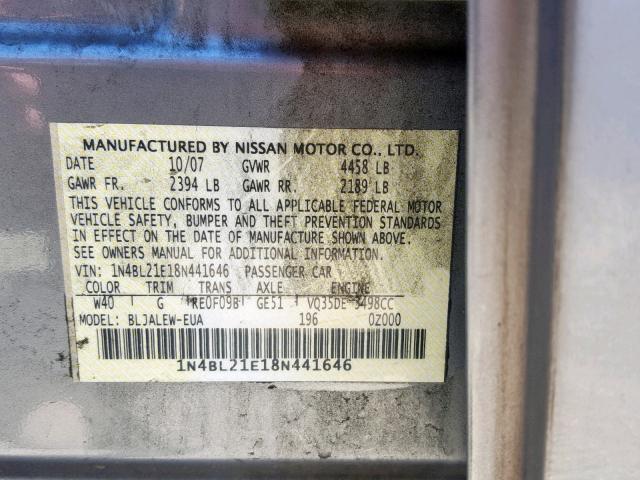 1N4BL21E18N441646 - 2008 NISSAN ALTIMA 3.5 GRAY photo 10