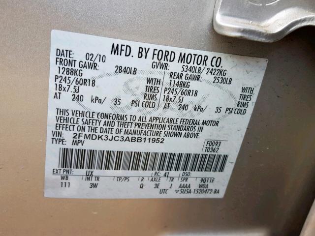 2FMDK3JC3ABB11952 - 2010 FORD EDGE SEL SILVER photo 10