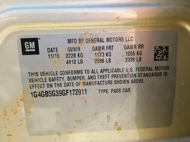 1G4GB5G39GF172911 - 2016 BUICK LACROSSE GOLD photo 10