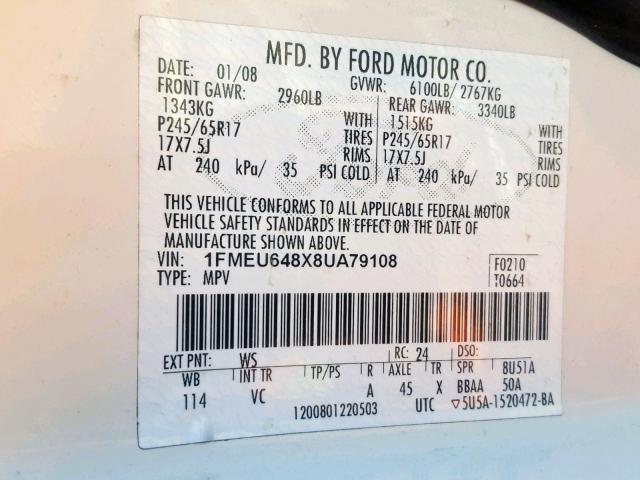 1FMEU648X8UA79108 - 2008 FORD EXPLORER E WHITE photo 10