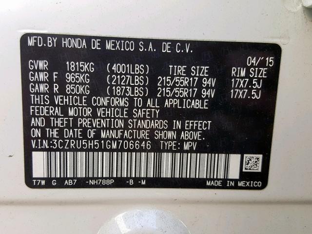 3CZRU5H51GM706646 - 2016 HONDA HR-V EX WHITE photo 10