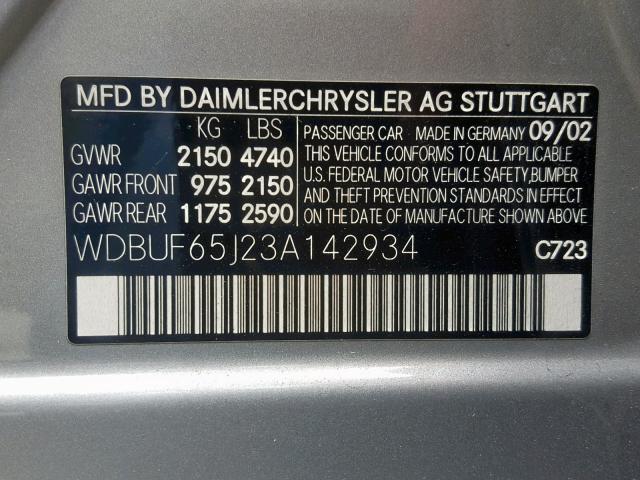 WDBUF65J23A142934 - 2003 MERCEDES-BENZ E 320 SILVER photo 10