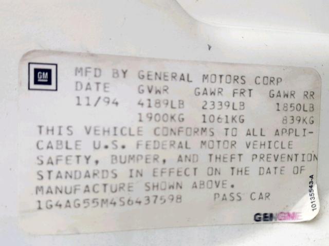 1G4AG55M4S6437598 - 1995 BUICK CENTURY SP WHITE photo 10