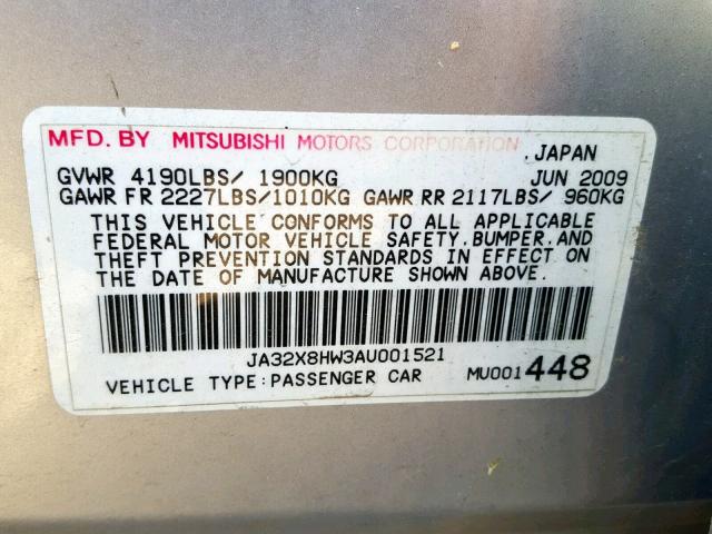 JA32X8HW3AU001521 - 2010 MITSUBISHI LANCER GTS SILVER photo 10