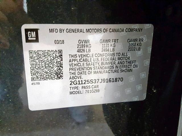 2G1125S37J9161870 - 2018 CHEVROLET IMPALA PRE BLACK photo 10