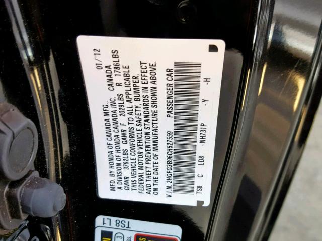 2HGFG3B96CH527559 - 2012 HONDA CIVIC EXL BLACK photo 10