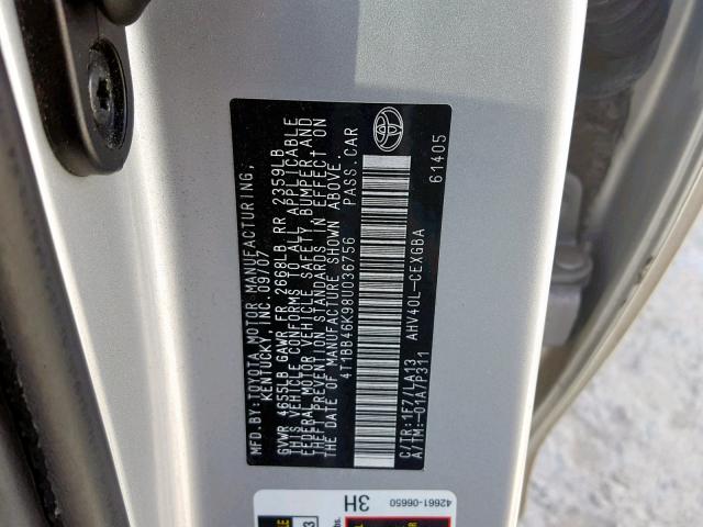 4T1BB46K98U036756 - 2008 TOYOTA CAMRY HYBR SILVER photo 10