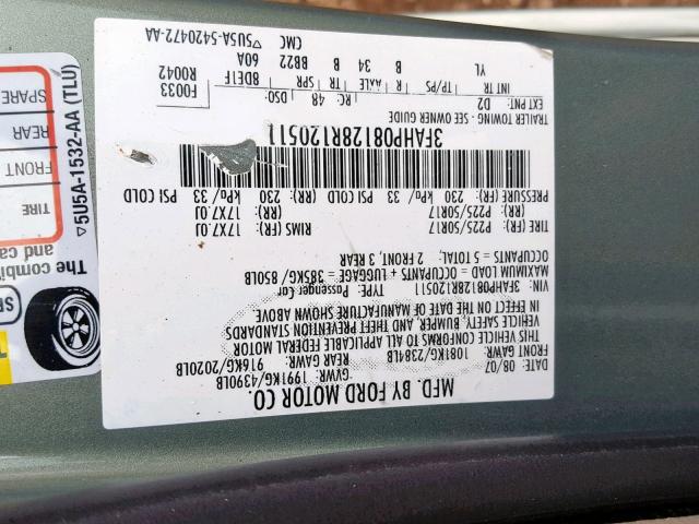 3FAHP08128R120511 - 2008 FORD FUSION SEL GREEN photo 10