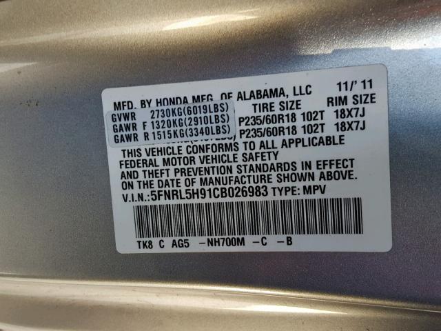 5FNRL5H91CB026983 - 2012 HONDA ODYSSEY TO SILVER photo 10