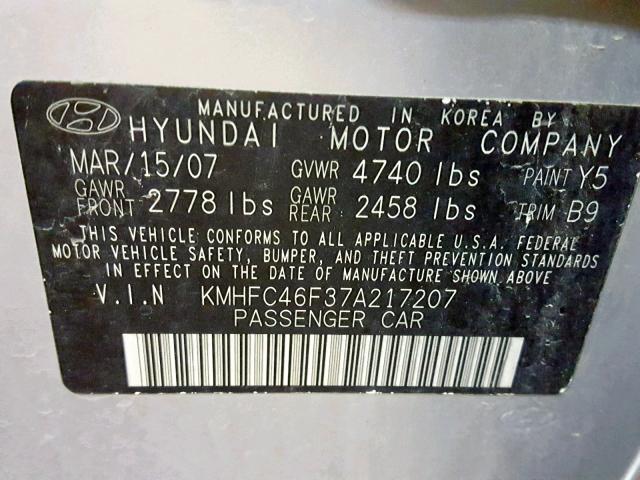 KMHFC46F37A217207 - 2007 HYUNDAI AZERA SE SILVER photo 10