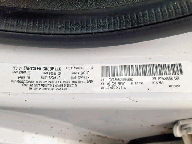 1C3CCBABXEN205842 - 2014 CHRYSLER 200 LX WHITE photo 10