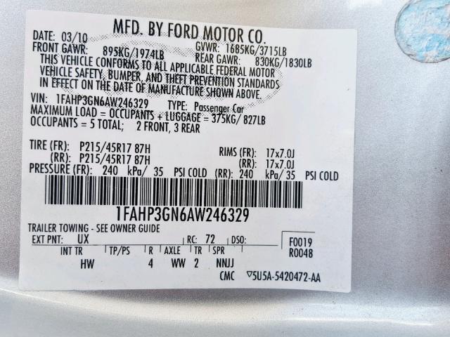 1FAHP3GN6AW246329 - 2010 FORD FOCUS SES SILVER photo 10