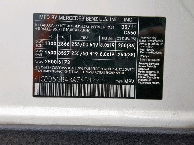 4JGBB5GB4BA745477 - 2011 MERCEDES-BENZ ML 350 WHITE photo 10